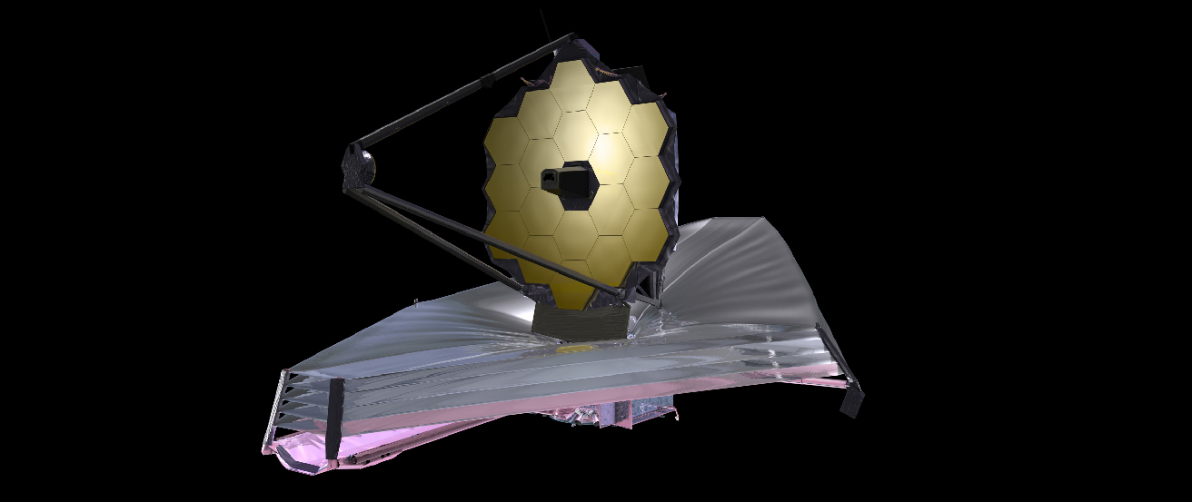This drawing shows the James Webb Space Telescope, which is currently planned for launch in 2021. The silver sunshade shadows the primary mirror and science instruments. The primary mirror is 6.5 meters (21 feet) in diameter. Before and during launch, the mirror will be folded up. After the telescope is placed in its orbit, ground controllers will command it to unfold the mirror petals. To see distant galaxies whose light has been shifted to long wavelengths, the telescope will carry several instruments for taking infrared images and spectra.