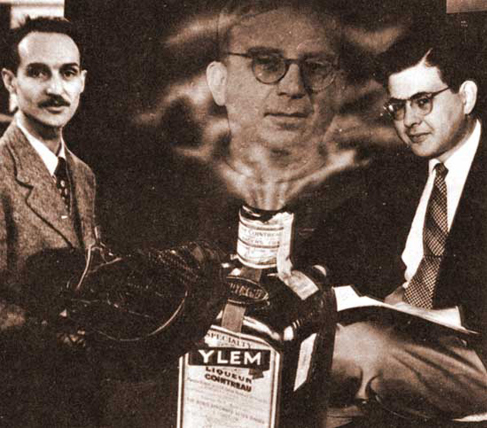 This composite image shows George Gamow emerging like a genie from a bottle of ylem, a Greek term for the original substance from which the world formed. Gamow revived the term to describe the material of the hot Big Bang. Flanking him are Robert Herman (left) and Ralph Alpher (right), with whom he collaborated in working out the physics of the Big Bang. (The modern composer Karlheinz Stockhausen was inspired by Gamow’s ideas to write a piece of music called Ylem, in which the players actually move away from the stage as they perform, simulating the expansion of the universe.)
