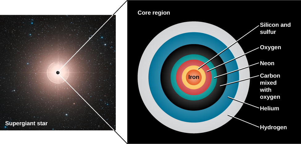 Illustration of the Structure of an Old Massive Star. At left is an image of a star labeled “Supergiant star”, with a black dot drawn at the center of the star and expanded into the panel at right labeled “Core region”. The “Core region” shows a cross section of the interior of the supergiant star. Beginning at the center is the “Iron” core in red. Next is a yellow shell of “Silicon and sulfur”, then an “Oxygen” shell in red, “Neon” in blue-green, “Carbon mixed with oxygen” in black, followed by “Helium” in blue and finally “Hydrogen” in white.