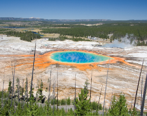 Grand Prismatic Spring in Yellowstone National Park. This unique, multi-colored lake is at center foreground in this expansive view of Yellowstone National Park.