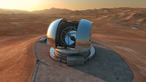 Illustration of the European Extremely Large Telescope seen through the open dome of the building, and the surrounding desert landscape in Chile.